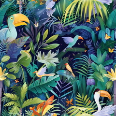 Jungle with tropical, fantasy animals at Amazon forest, palm trees, parrots, wallpaper pattern for seamless