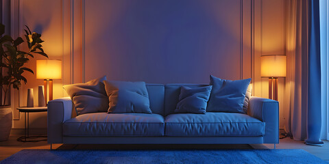 A modern blue sofa lamp and inviting pillows Interior of light room with sofa  with a lamp on it.