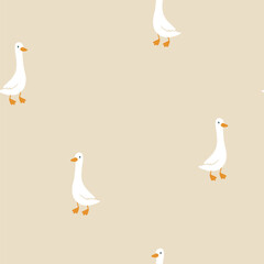 Fototapeta premium Geese seamless pattern. Cute cartoon characters in simple hand drawn style. Baby minimalistic vintage print in a limited baby pastel palette. Goose vector on a beige background