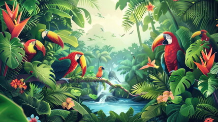 Jungle with tropical, fantasy animals at Amazon forest, palm trees, parrots, wallpaper