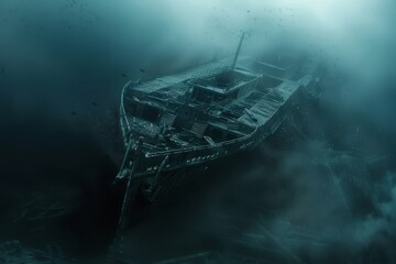 A solitary shipwreck resting on the ocean floor, its silent halls now home to a myriad of marine creatures, a haunting testament to the power, Generative AI