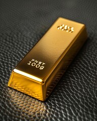 close up pure gold bar ingot put on the black color leather surface background represent the business and finance concept idea