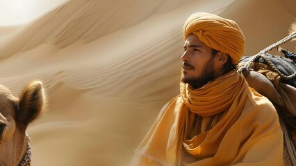 Berber man guiding camel caravan through desert in traditional clothing. Concept Berber Culture, Desert Landscape, Traditional Clothing, Camel Caravan, Nomadic Lifestyle