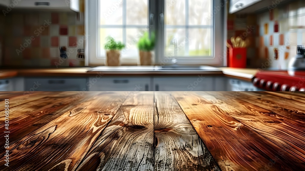 Poster kitchen window background with wooden texture table top for product display. concept product display