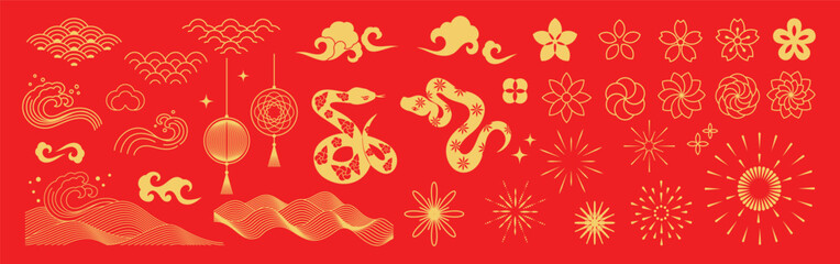 Chinese New Year icons vector set. Year of the snake with snake, cherry blossom flower, firework, hanging lantern, cloud isolated icon of Asian Lunar New Year. Oriental culture tradition illustration.