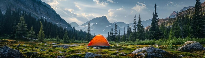 A lone orange tent sits in a clearing in the mountains