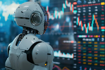A robot looking at stock market charts and numbers, symbolizing artificial intelligence in trading. The robot is analyzing the data, with empty copy space