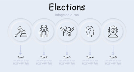 Elections set icon. Statistics, vote for candidate, sign, reflection, communication, discussion, infographic, neomorphism, envelope, letter, voter, group of people, ballot. Voting concept.