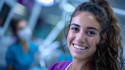 Obraz premium Proud college dental hygiene student confidently showcases her future career with a smile. Concept College, Dental Hygiene, Student, Future Career, Smiling Portrait