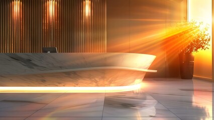 Modern spa counter with empty white marble top in dappled sunlight. Concept Spa Interior Design, White Marble Countertop, Dappled Sunlight, Modern Decor, Empty Spa Counter