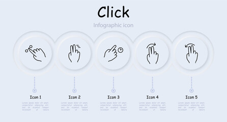 Clicks set icon. Double click, palm, hand, swipe, move object, scroll down with three fingers, hold, move up, pinch with three fingers, hold, infographic, delay with three fingers. Gestures concept.