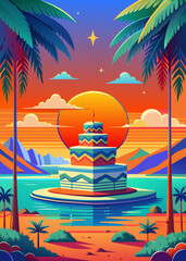 A vibrant, stylized illustration depicts a tranquil retro island scene with palm trees on a beach, a calm turquoise sea, and a distant mountain under a bright blue sky, all rendered in a clean,