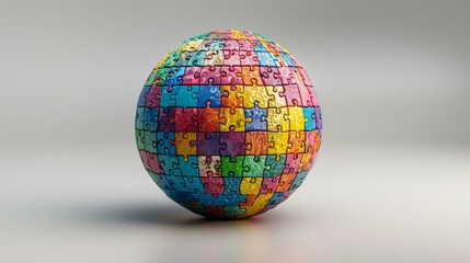 A globe made up of colorful puzzle pieces, each piece representing a different nation working together to form a whole.