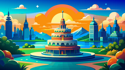 A vibrant, stylized illustration depicts a tranquil retro island scene with palm trees on a beach, a calm turquoise sea, and a distant mountain under a bright blue sky, all rendered in a clean,