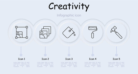Creativity set icon. Scissors, artist, visual designer, artist, painter, gear, square, infographic, neomorphism, cartooning, book, guide, manual, photo layers, color correction. Creation concept.