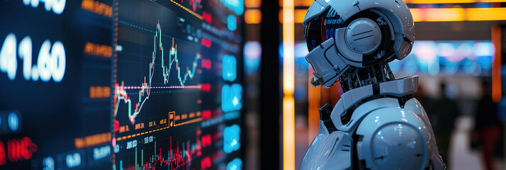 Fototapeta premium A robot looking at stock market charts and numbers, symbolizing artificial intelligence in trading. The robot is analyzing the data, with empty copy space