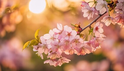 Obraz premium Horizontal banner with sakura flowers of pink color on sunny backdrop. Beautiful nature spring background with a branch of blooming sakura. Sakura blossoming season in Japan