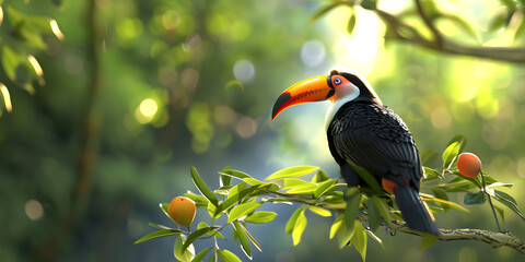 A toucan sits on a branch in costa . A toucan sits on a branch with a blue sky in the background.

