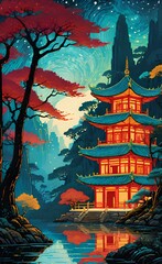 Serenity of the Ancient Temple - A Peaceful Forest in Fantasy China.