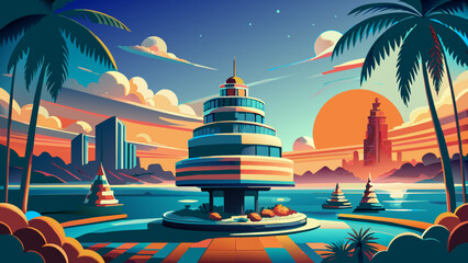 A vibrant, stylized illustration depicts a tranquil retro island scene with palm trees on a beach, a calm turquoise sea, and a distant mountain under a bright blue sky, all rendered in a clean,