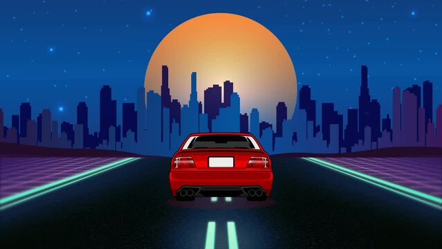 animation of highway road car riding in midnight with view background of city and moon looping