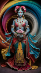 Ethereal Indian Goddess with Vibrant Circular Rainbow Halo in Traditional Attire