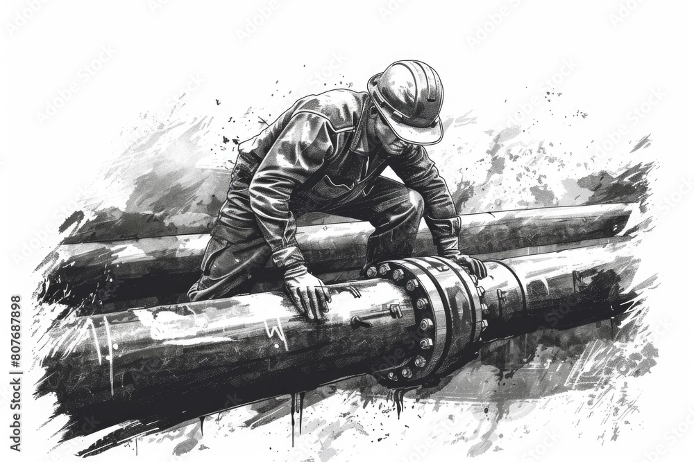Poster detailed drawing of a man working on a pipe. suitable for technical illustrations