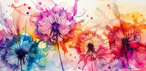 Colorful abstract background with dandelions, vibrant pink, blue, and orange alcohol ink splashes