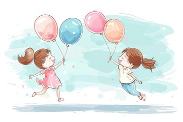 Two little girls having fun with balloons. Suitable for children's events or birthday parties
