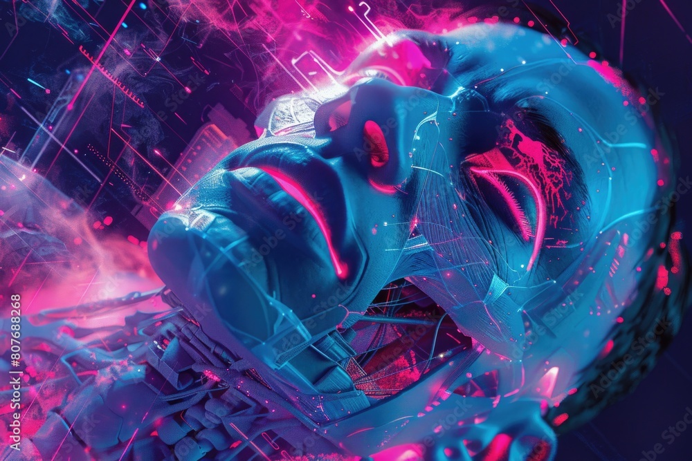Poster close up of person's face with futuristic backdrop, ideal for technology concepts