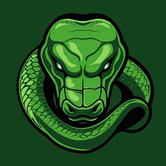 Illustration of a green snake with a menacing gaze, coiled and ready to strike, set against a dark green background