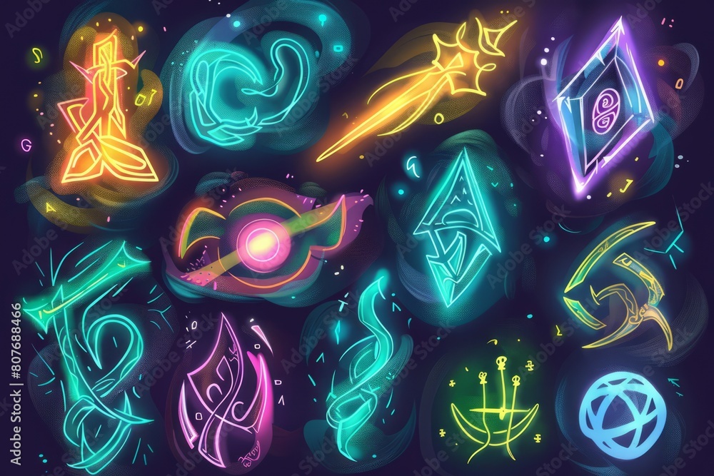 Wall mural cartoon cute doodles of ancient runes glowing with mystical energy, with powerful rune elementals ch