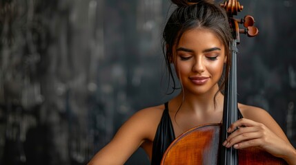A beautiful young woman with a serene expression plays the cello. The ambient, moody backdrop highlights the elegance and passion of her performance.