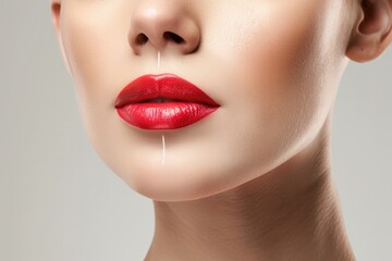 A detailed close-up of a woman's face with vibrant red lipstick. Ideal for beauty and fashion concepts