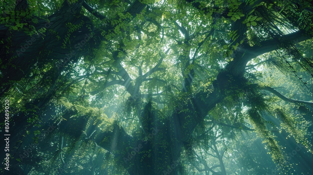 Aufkleber sunlight filtering through dense forest, ideal for nature concepts