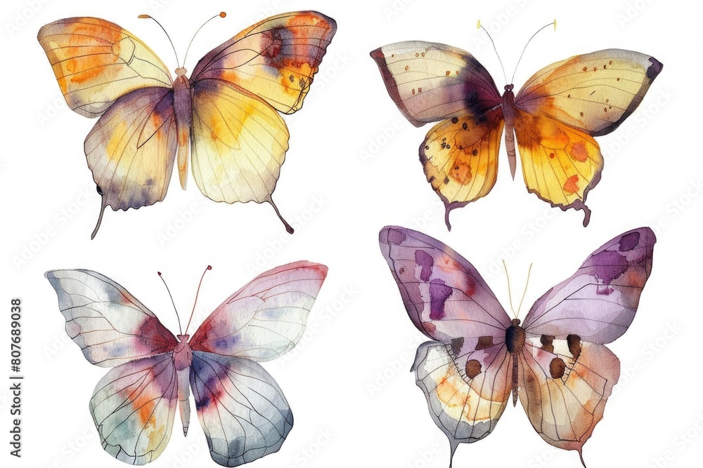 Poster Four different colored butterflies on a white background. Suitable for various design projects