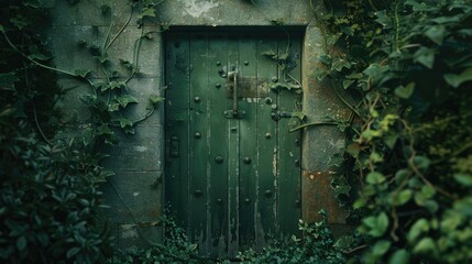 A green door surrounded by ivy. Suitable for home decor or garden themes - Powered by Adobe