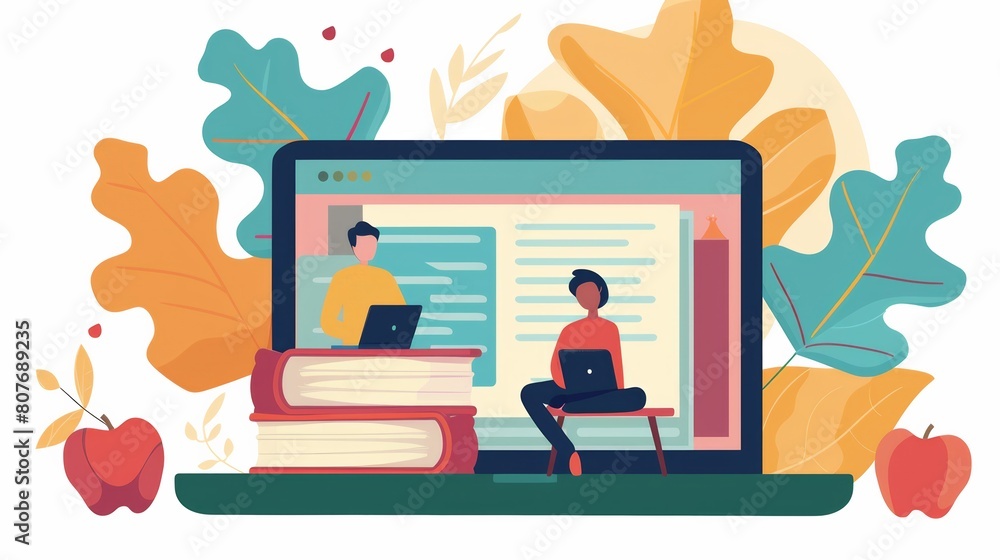 Poster a person is seated on a laptop next to a stack of books, engaged in a virtual learning session. this