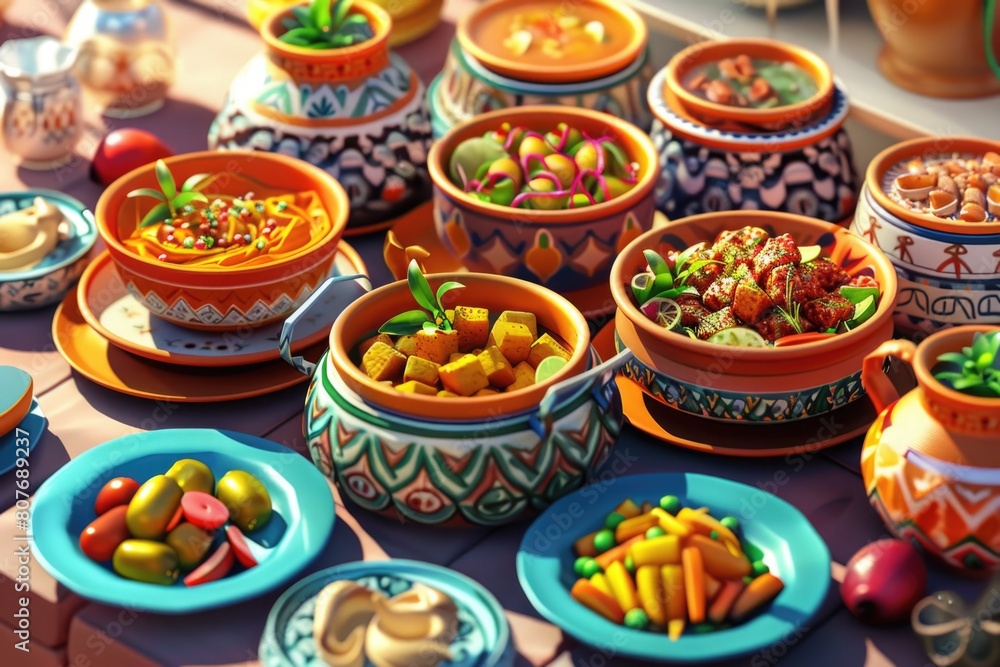 Aufkleber various types of food displayed on a table, suitable for food-related concepts