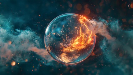 A dramatic scene of a fiery bubble poised to erupt on the surface of the globe, symbolizing the...