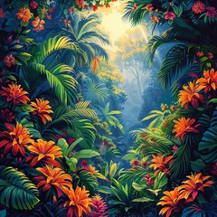 Detailed  illustration of a lush rainforest, rich in flora and fauna, using a vibrant and diverse color scheme