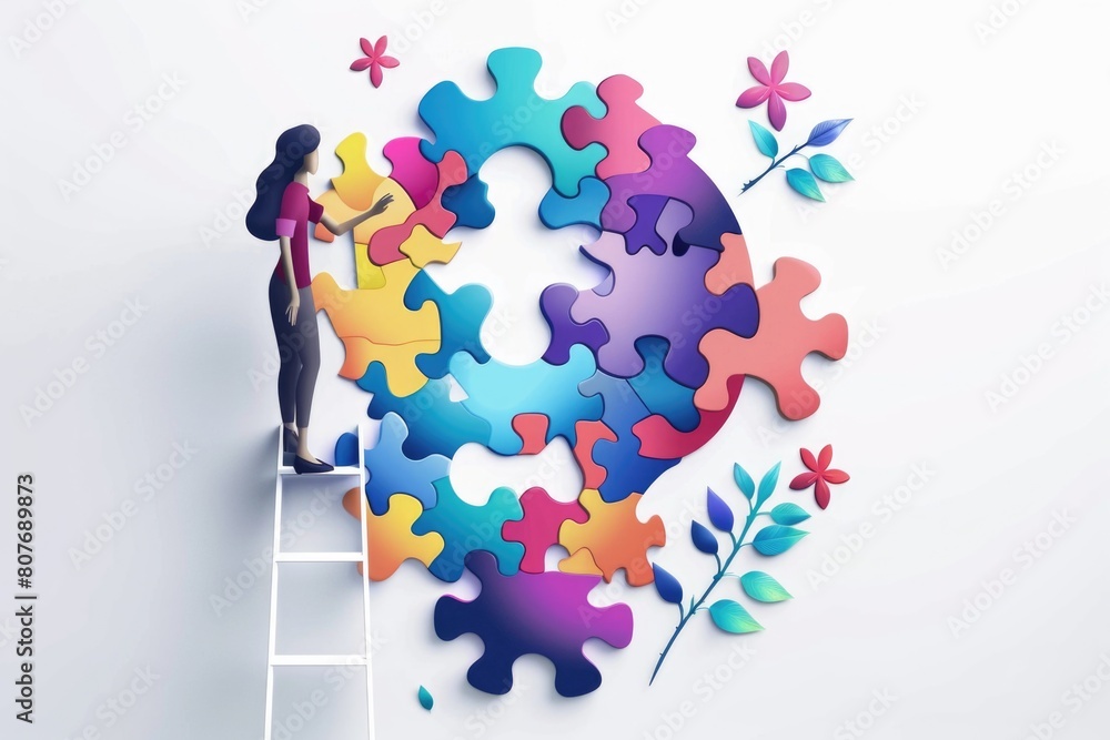 Poster Woman standing on a ladder next to a colorful puzzle piece. Perfect for educational and problem-solving concepts