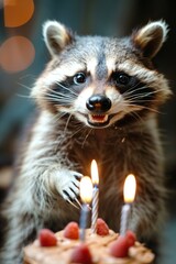 Obraz premium Cute raccoon celebrating birthday with colorful cake on smiling, happy, funny day, holiday concept, vertical background