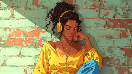 Illustration of a woman listening to music leaning against a wall.