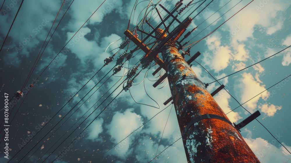 Poster a telephone pole with power lines against a cloudy sky. suitable for technology or infrastructure co