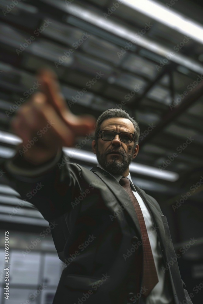 Poster a man in a suit and tie holding a gun. suitable for crime and security concepts