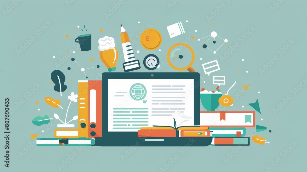 Poster a laptop computer sits in the center, surrounded by various books and school supplies, creating a st