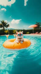 A cat in sunglasses lounges in a pool on an inflatable ring with cocktails, exuding contentment and humor.