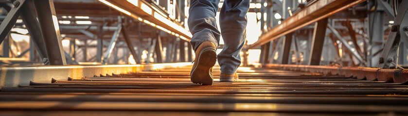 A man walking on a metal structure with the sun shining through.