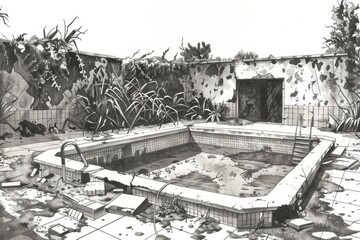 Black and white sketch of a pool, suitable for architectural projects